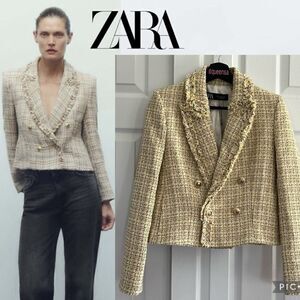 ZARA Double Breasted Tweed Weave Cropped Jacket